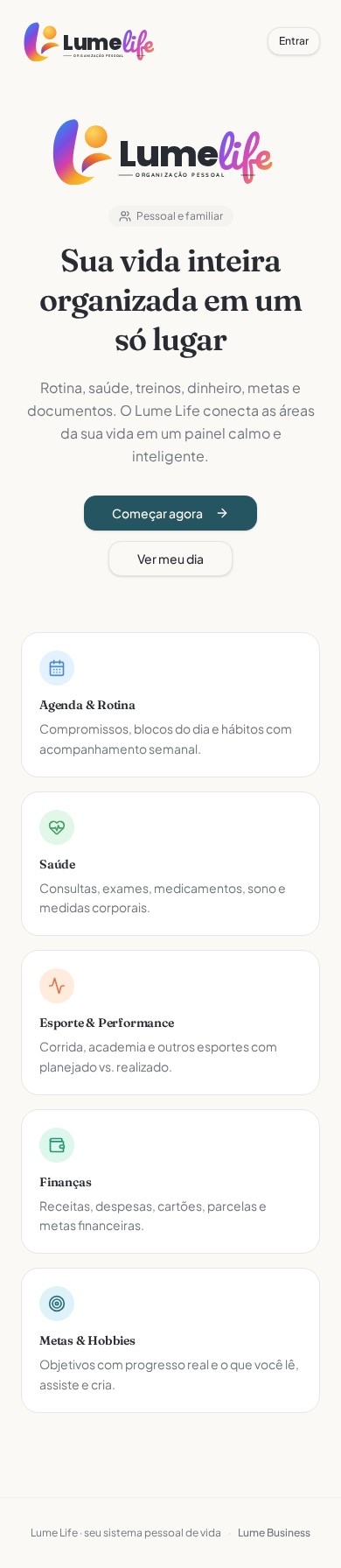 Tela atual de Lume Life no celular